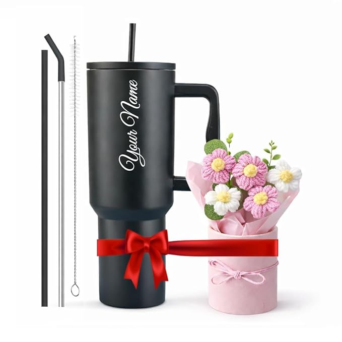 Personalized Tumbler Combo Set with Name | 1200ml Stainless Steel Insulated Mug with Straw Handle + 435ml Glass Sipper Cup | Leakproof Coffee Mug Gift (Brown Mug/Black)