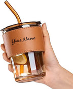 Personalized Tumbler Combo Set with Name | 1200ml Stainless Steel Insulated Mug with Straw Handle + 435ml Glass Sipper Cup | Leakproof Coffee Mug Gift (Brown Mug/Black)