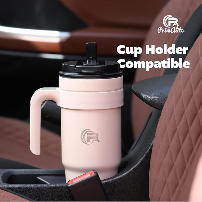 Primalite 1200ML Stainless Steel Insulated Tumbler with Handle | 2-in-1 Straw & Flip Lid | 40oz Travel Mug Bottle for Hot, Cold Drink | Fits in Car CupHolder for Water, Iced Tea, Coffee- Rose Quartz