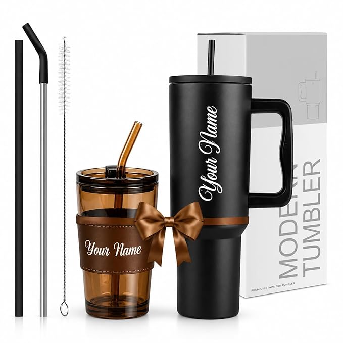 Personalized Tumbler Combo Set with Name | 1200ml Stainless Steel Insulated Mug with Straw Handle + 435ml Glass Sipper Cup | Leakproof Coffee Mug Gift (Brown Mug/Black)
