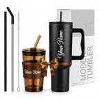 Personalized Tumbler Combo Set with Name | 1200ml Stainless Steel Insulated Mug with Straw Handle + 435ml Glass Sipper Cup | Leakproof Coffee Mug Gift (Brown Mug/Black)