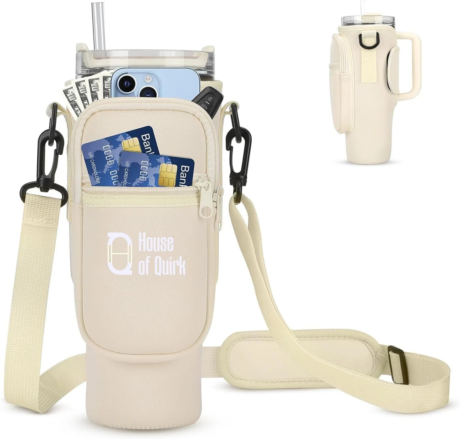 Water Bottle Carrier Bag with Phone Pocket with Adjustable Strap (Tumbler Not Included)