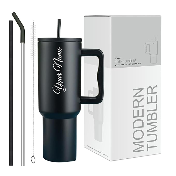 Personalized Tumbler Combo Set with Name | 1200ml Stainless Steel Insulated Mug with Straw Handle + 435ml Glass Sipper Cup | Leakproof Coffee Mug Gift (Brown Mug/Black)