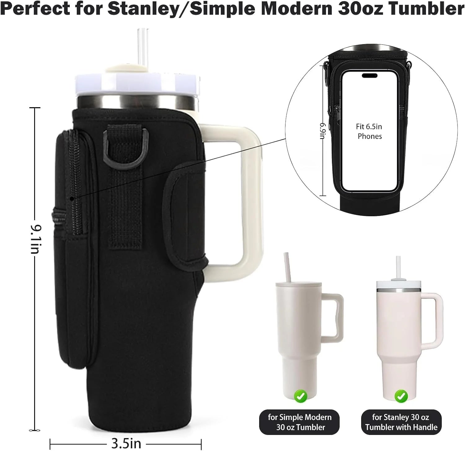 Water Bottle Carrier Bag with Phone Pocket with Adjustable Strap (Tumbler Not Included)