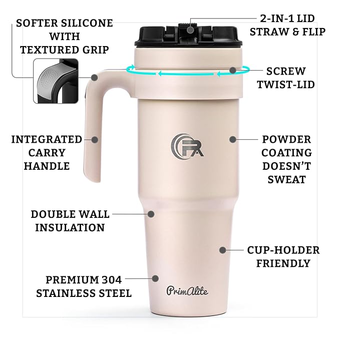Primalite 1200ML Stainless Steel Insulated Tumbler with Handle | 2-in-1 Straw & Flip Lid | 40oz Travel Mug Bottle for Hot, Cold Drink | Fits in Car CupHolder for Water, Iced Tea, Coffee- Rose Quartz