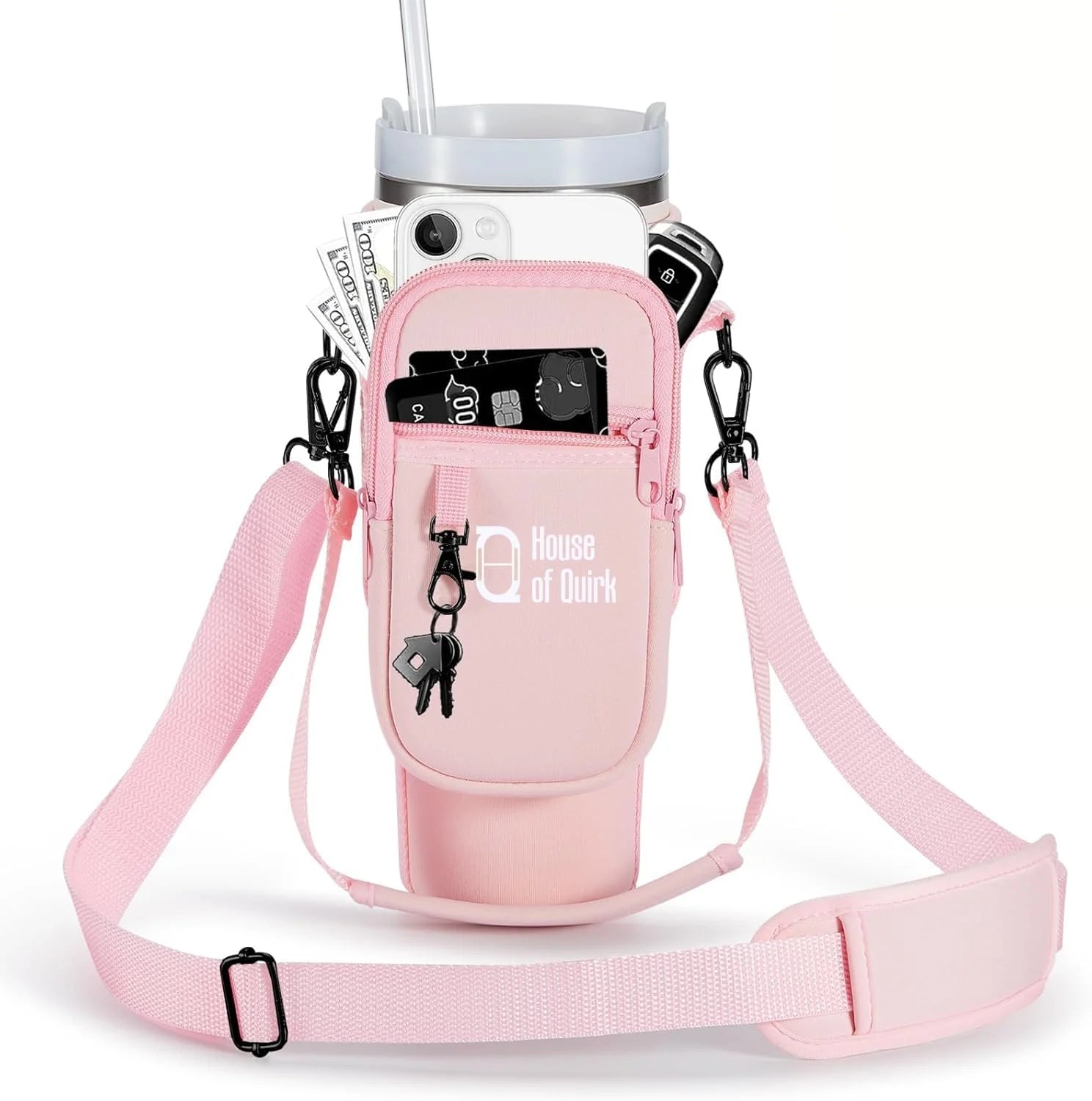 Water Bottle Carrier Bag with Phone Pocket with Adjustable Strap (Tumbler Not Included)