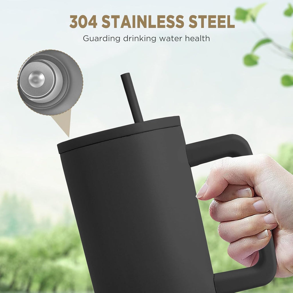 Personalized Tumbler Combo Set with Name | 1200ml Stainless Steel Insulated Mug with Straw Handle + 435ml Glass Sipper Cup | Leakproof Coffee Mug Gift (Brown Mug/Black)