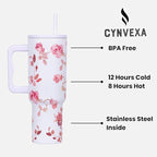 Tumbler with lid and Straw 1200ML Cup Stainless Steel Vacuum Insulated Tumbler for Water, Iced Tea or Coffee 1.2L Office Gym Travelling (White Rose)