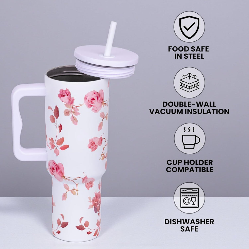 Tumbler with lid and Straw 1200ML Cup Stainless Steel Vacuum Insulated Tumbler for Water, Iced Tea or Coffee 1.2L Office Gym Travelling (White Rose)
