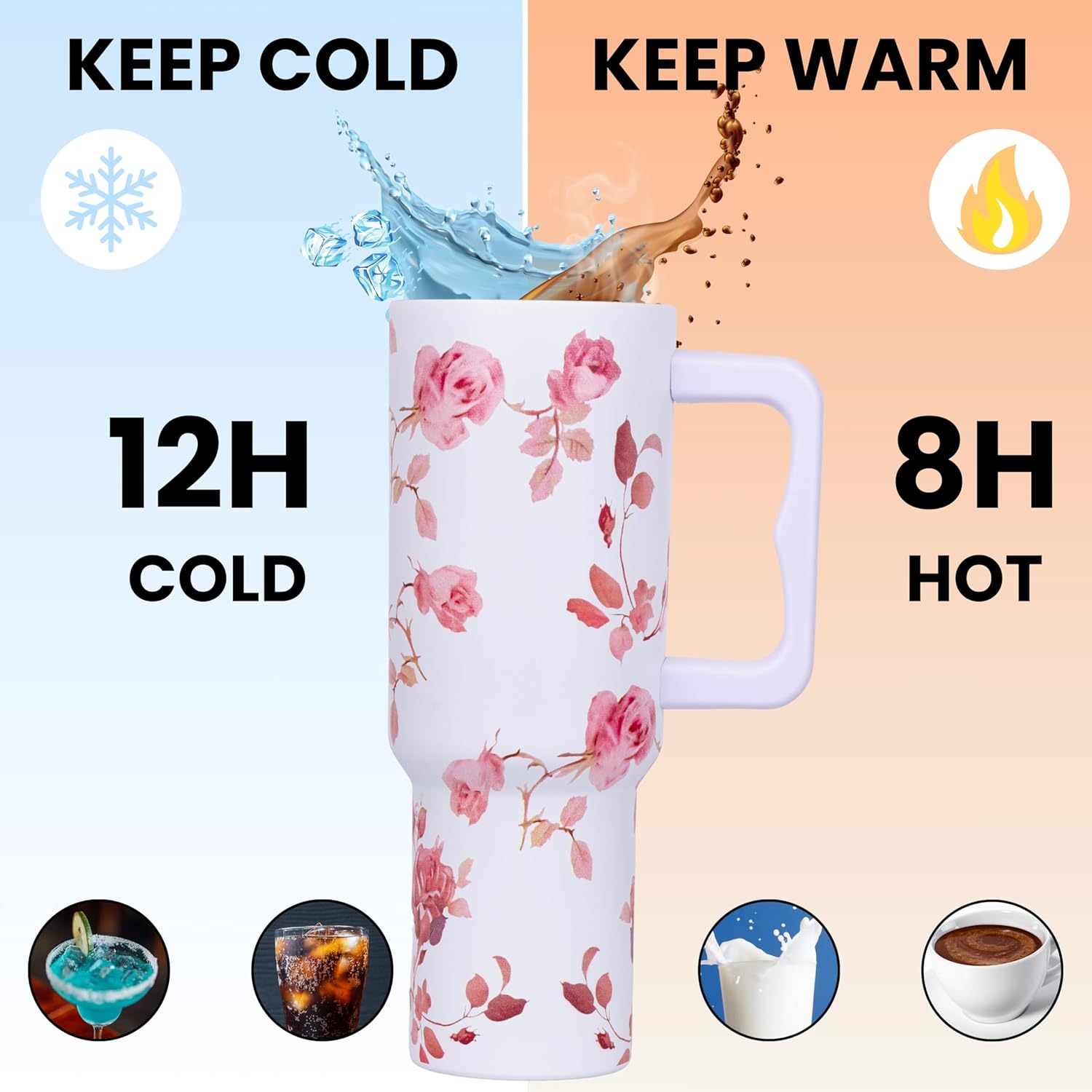 Tumbler with lid and Straw 1200ML Cup Stainless Steel Vacuum Insulated Tumbler for Water, Iced Tea or Coffee 1.2L Office Gym Travelling (White Rose)