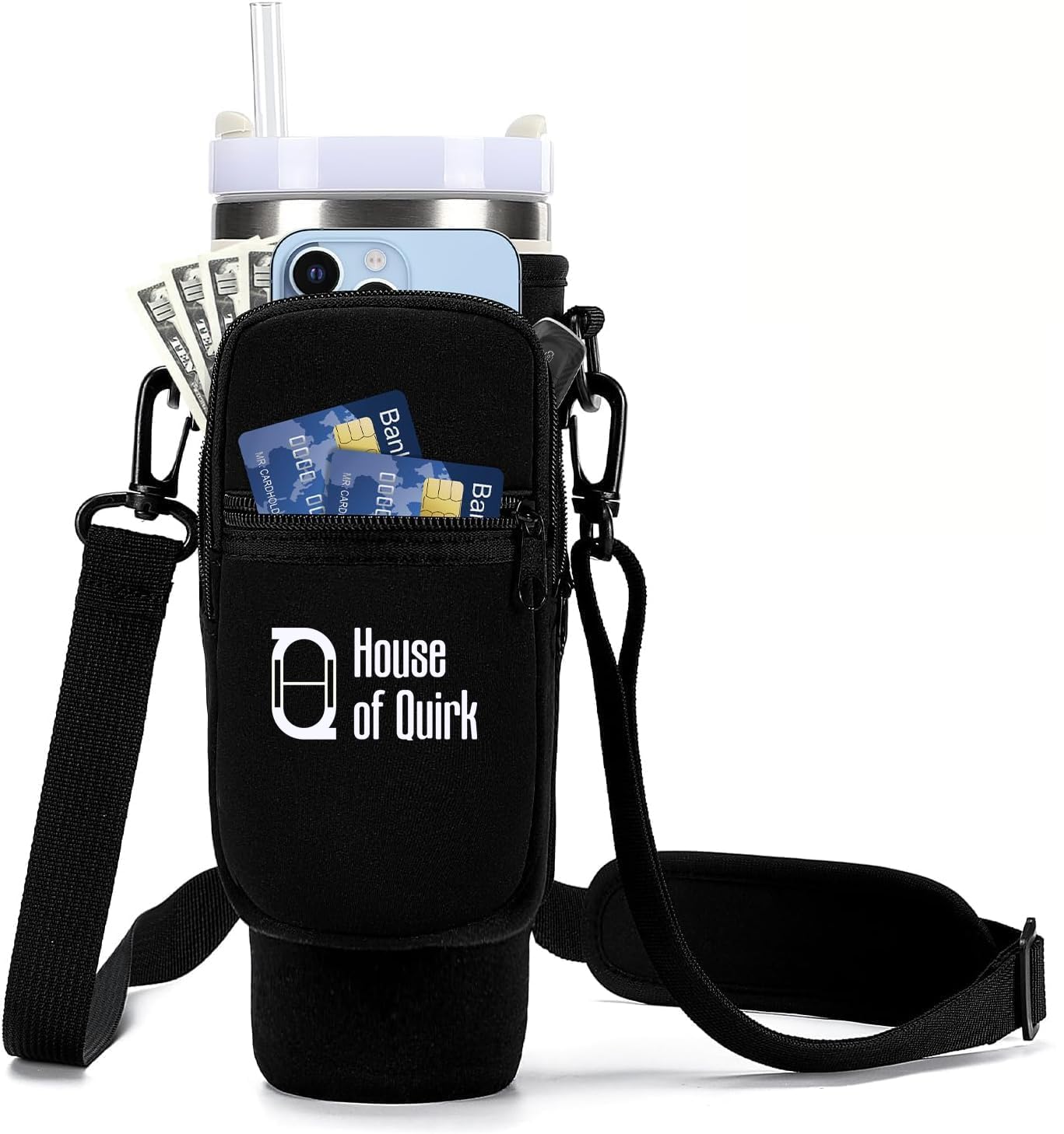 Water Bottle Carrier Bag with Phone Pocket with Adjustable Strap (Tumbler Not Included)