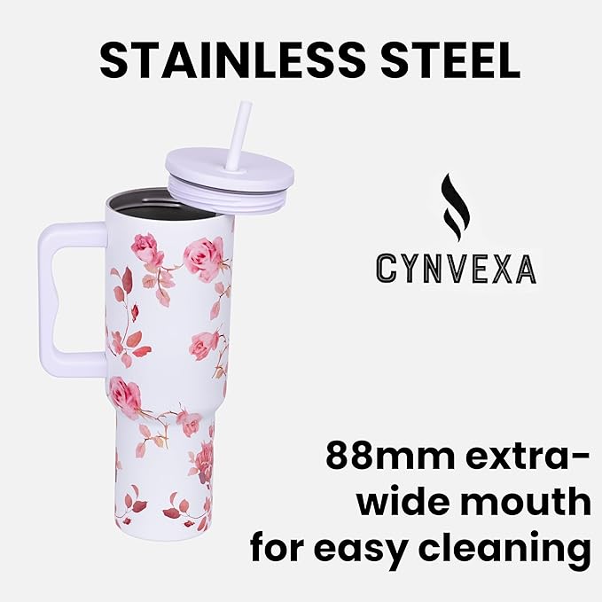 Tumbler with lid and Straw 1200ML Cup Stainless Steel Vacuum Insulated Tumbler for Water, Iced Tea or Coffee 1.2L Office Gym Travelling (White Rose)