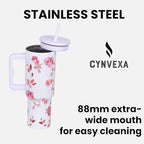Tumbler with lid and Straw 1200ML Cup Stainless Steel Vacuum Insulated Tumbler for Water, Iced Tea or Coffee 1.2L Office Gym Travelling (White Rose)
