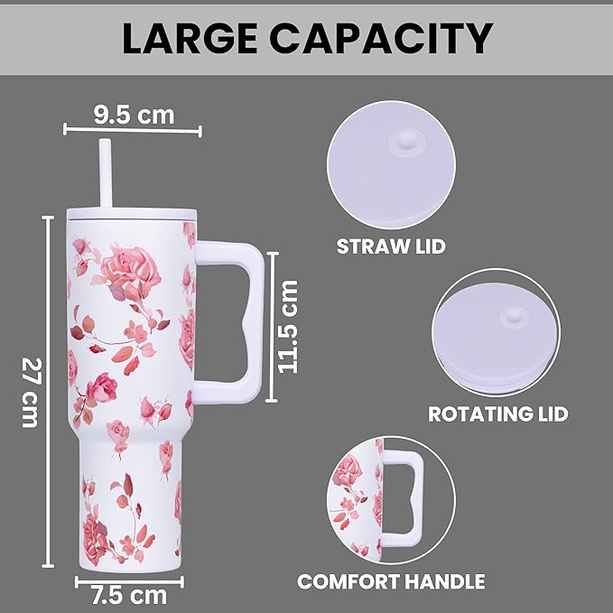 Tumbler with lid and Straw 1200ML Cup Stainless Steel Vacuum Insulated Tumbler for Water, Iced Tea or Coffee 1.2L Office Gym Travelling (White Rose)