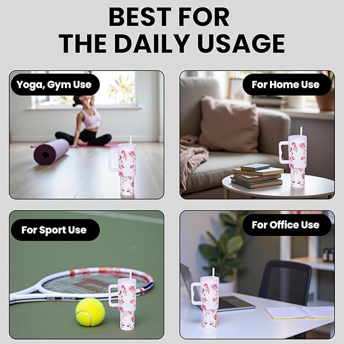 Tumbler with lid and Straw 1200ML Cup Stainless Steel Vacuum Insulated Tumbler for Water, Iced Tea or Coffee 1.2L Office Gym Travelling (White Rose)