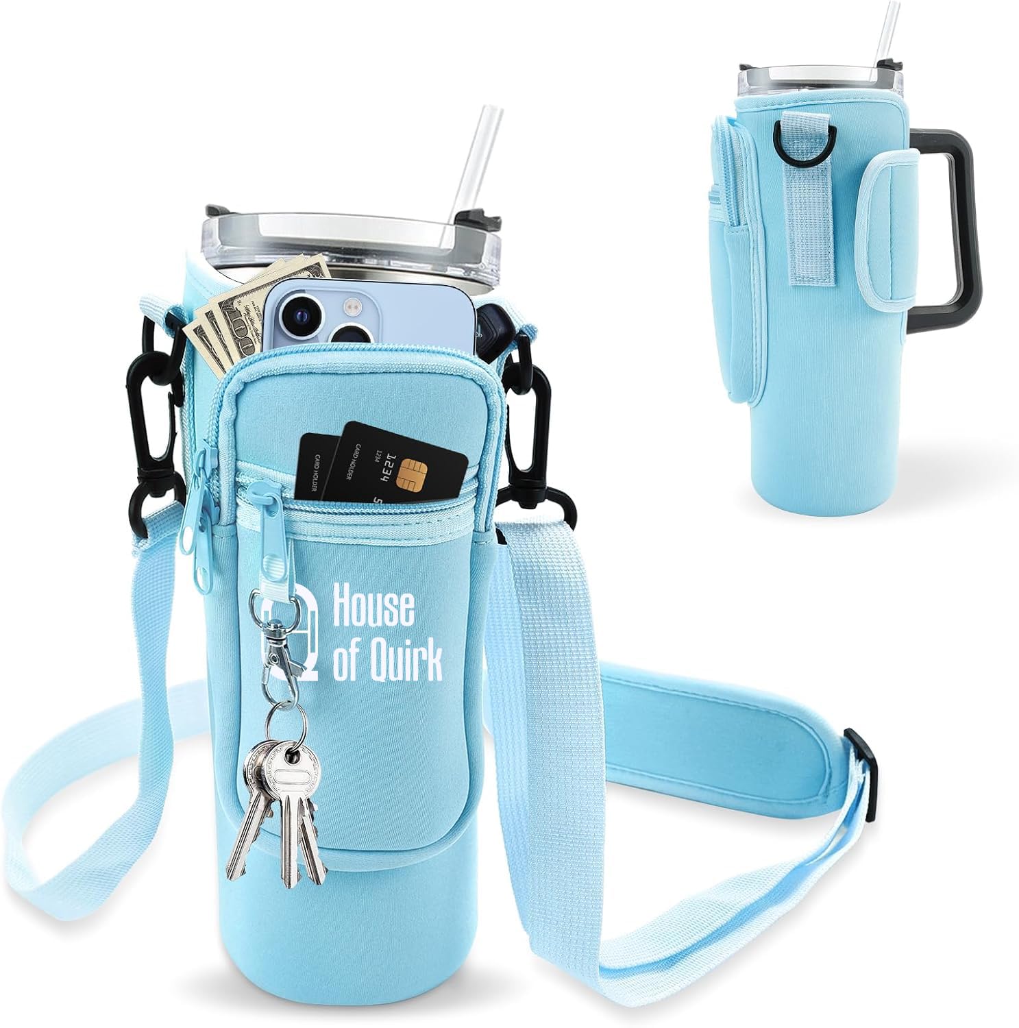 Water Bottle Carrier Bag with Phone Pocket with Adjustable Strap (Tumbler Not Included)