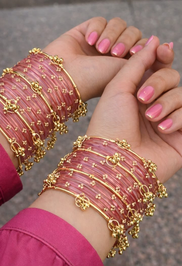 Light pink glass bangles with kashmiri bangles✨